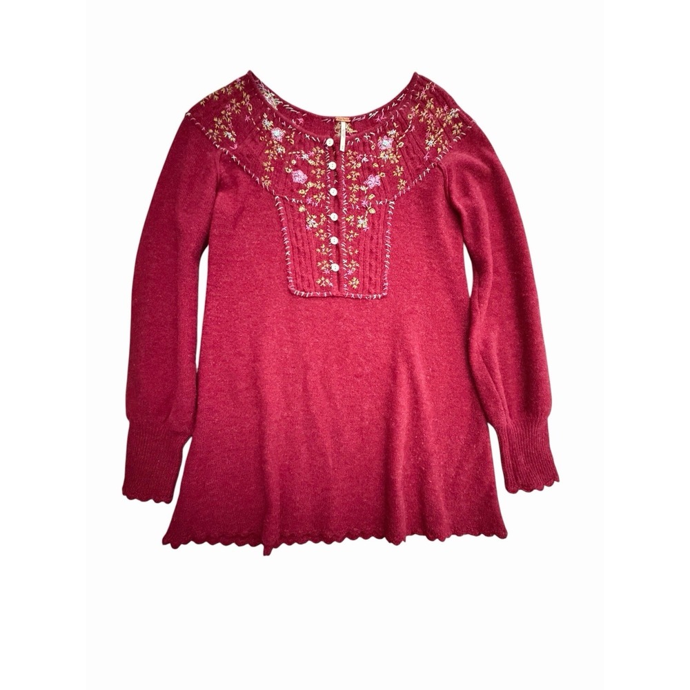 Free People Sweater Womens Small Wool Blend Embroidery Flower Boho #L12-1‎